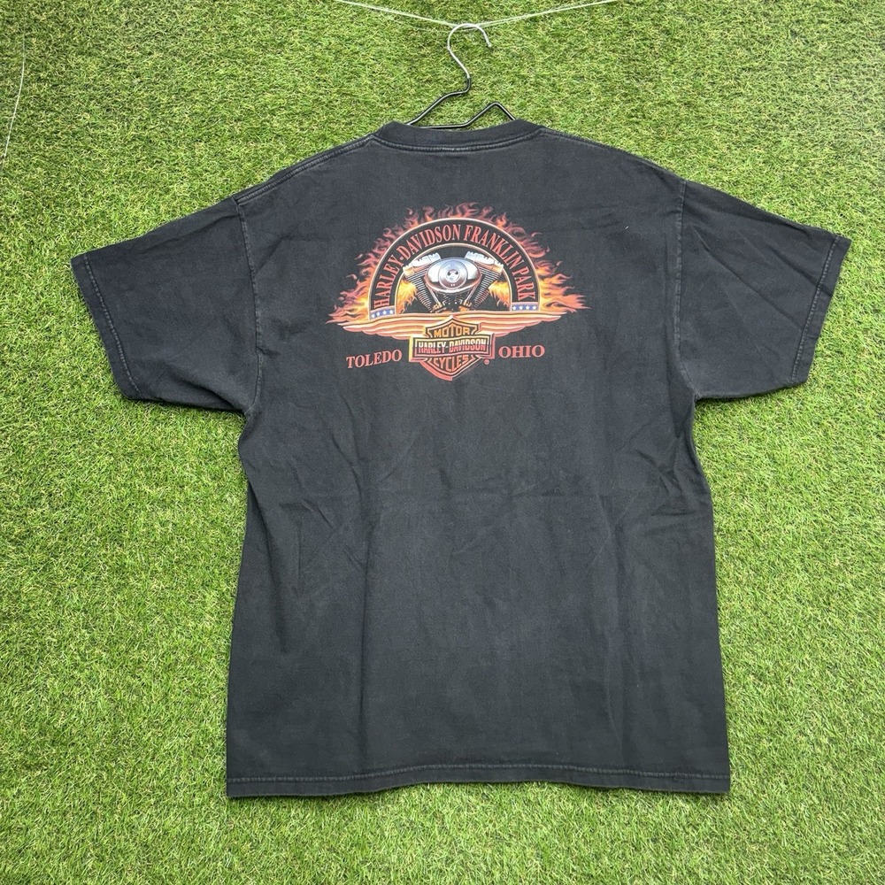 Vintage Harley Davidson Shirt Mens XL Black Flame Eagle Y2K Faded